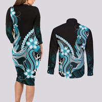 Blue Black Aloha Hawaii Couples Matching Long Sleeve Bodycon Dress and Long Sleeve Button Shirt Polynesian Shark Tattoo Plumeria LT14 - Polynesian Pride