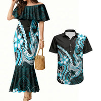 Blue Black Aloha Hawaii Couples Matching Mermaid Dress and Hawaiian Shirt Polynesian Shark Tattoo Plumeria LT14 Blue - Polynesian Pride