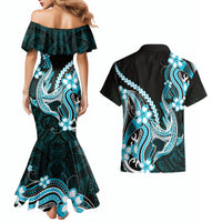 Blue Black Aloha Hawaii Couples Matching Mermaid Dress and Hawaiian Shirt Polynesian Shark Tattoo Plumeria
