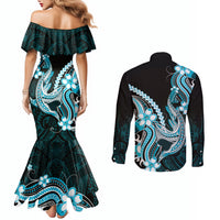Blue Black Aloha Hawaii Couples Matching Mermaid Dress and Long Sleeve Button Shirt Polynesian Shark Tattoo Plumeria
