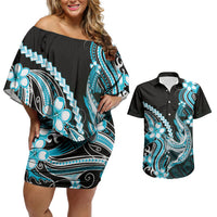 Blue Black Aloha Hawaii Couples Matching Off Shoulder Short Dress and Hawaiian Shirt Polynesian Shark Tattoo Plumeria LT14 Blue - Polynesian Pride