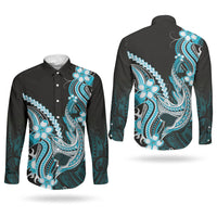 Blue Black Aloha Hawaii Couples Matching Off Shoulder Short Dress and Long Sleeve Button Shirt Polynesian Shark Tattoo Plumeria LT14 - Polynesian Pride
