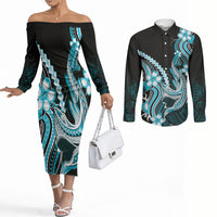 Blue Black Aloha Hawaii Couples Matching Off The Shoulder Long Sleeve Dress and Long Sleeve Button Shirt Polynesian Shark Tattoo Plumeria LT14 Blue - Polynesian Pride