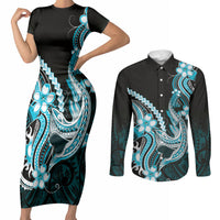Blue Black Aloha Hawaii Couples Matching Short Sleeve Bodycon Dress and Long Sleeve Button Shirt Polynesian Shark Tattoo Plumeria LT14 Blue - Polynesian Pride