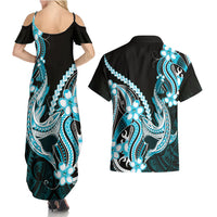 Blue Black Aloha Hawaii Couples Matching Summer Maxi Dress and Hawaiian Shirt Polynesian Shark Tattoo Plumeria LT14 - Polynesian Pride