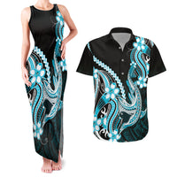 Blue Black Aloha Hawaii Couples Matching Tank Maxi Dress and Hawaiian Shirt Polynesian Shark Tattoo Plumeria LT14 Blue - Polynesian Pride