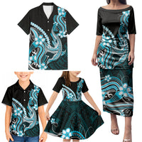Blue Black Aloha Hawaii Family Matching Puletasi and Hawaiian Shirt Polynesian Shark Tattoo Plumeria LT14 - Polynesian Pride