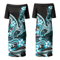 Blue Black Aloha Hawaii Family Matching Puletasi and Hawaiian Shirt Polynesian Shark Tattoo Plumeria LT14 Mom's Dress Blue - Polynesian Pride