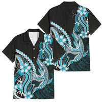 Blue Black Aloha Hawaii Family Matching Puletasi and Hawaiian Shirt Polynesian Shark Tattoo Plumeria LT14 Dad's Shirt - Short Sleeve Blue - Polynesian Pride