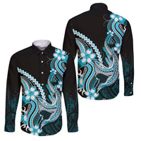 Blue Black Aloha Hawaii Family Matching Puletasi and Hawaiian Shirt Polynesian Shark Tattoo Plumeria LT14 Dad's Shirt - Long Sleeve Blue - Polynesian Pride