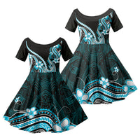 Blue Black Aloha Hawaii Family Matching Puletasi and Hawaiian Shirt Polynesian Shark Tattoo Plumeria LT14 Daughter's Dress Blue - Polynesian Pride