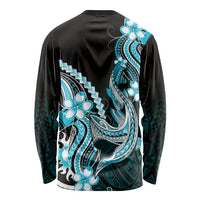 Blue Black Aloha Hawaii Long Sleeve Shirt Polynesian Shark Tattoo Plumeria