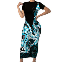 Blue Black Aloha Hawaii Short Sleeve Bodycon Dress Polynesian Shark Tattoo Plumeria LT14 Long Dress Blue - Polynesian Pride