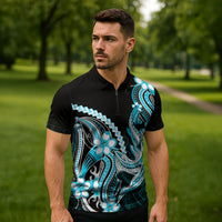 Blue Black Aloha Hawaii Zipper Polo Shirt Polynesian Shark Tattoo Plumeria LT14 - Polynesian Pride