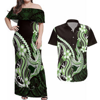Green Black Aloha Hawaii Couples Matching Off Shoulder Maxi Dress and Hawaiian Shirt Polynesian Shark Tattoo Plumeria