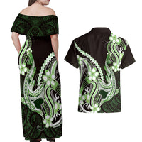 Green Black Aloha Hawaii Couples Matching Off Shoulder Maxi Dress and Hawaiian Shirt Polynesian Shark Tattoo Plumeria LT14 - Polynesian Pride