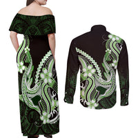 Green Black Aloha Hawaii Couples Matching Off Shoulder Maxi Dress and Long Sleeve Button Shirt Polynesian Shark Tattoo Plumeria
