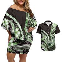 Green Black Aloha Hawaii Couples Matching Off Shoulder Short Dress and Hawaiian Shirt Polynesian Shark Tattoo Plumeria LT14 Green - Polynesian Pride