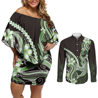 Green Black Aloha Hawaii Couples Matching Off Shoulder Short Dress and Long Sleeve Button Shirt Polynesian Shark Tattoo Plumeria LT14 Green - Polynesian Pride