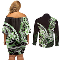 Green Black Aloha Hawaii Couples Matching Off Shoulder Short Dress and Long Sleeve Button Shirt Polynesian Shark Tattoo Plumeria LT14 - Polynesian Pride