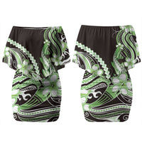 Green Black Aloha Hawaii Couples Matching Off Shoulder Short Dress and Long Sleeve Button Shirt Polynesian Shark Tattoo Plumeria LT14 - Polynesian Pride