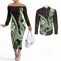 Green Black Aloha Hawaii Couples Matching Off The Shoulder Long Sleeve Dress and Long Sleeve Button Shirt Polynesian Shark Tattoo Plumeria LT14 Green - Polynesian Pride