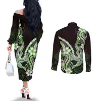 Green Black Aloha Hawaii Couples Matching Off The Shoulder Long Sleeve Dress and Long Sleeve Button Shirt Polynesian Shark Tattoo Plumeria LT14 - Polynesian Pride