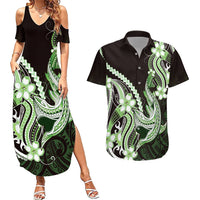 Green Black Aloha Hawaii Couples Matching Summer Maxi Dress and Hawaiian Shirt Polynesian Shark Tattoo Plumeria LT14 Green - Polynesian Pride