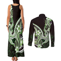 Green Black Aloha Hawaii Couples Matching Tank Maxi Dress and Long Sleeve Button Shirt Polynesian Shark Tattoo Plumeria LT14 - Polynesian Pride