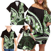 Green Black Aloha Hawaii Family Matching Off Shoulder Short Dress and Hawaiian Shirt Polynesian Shark Tattoo Plumeria LT14 - Polynesian Pride