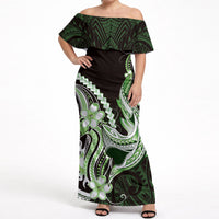 Green Black Aloha Hawaii Off Shoulder Maxi Dress Polynesian Shark Tattoo Plumeria LT14 Women Green - Polynesian Pride