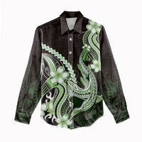 Green Black Aloha Hawaii Women Casual Shirt Polynesian Shark Tattoo Plumeria