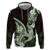 Green Black Aloha Hawaii Zip Hoodie Polynesian Shark Tattoo Plumeria