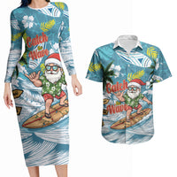 Hawaii Summer Christmas Couples Matching Long Sleeve Bodycon Dress and Hawaiian Shirt Surfing Santa Shaka Catch The Wave LT14 Teal - Polynesian Pride