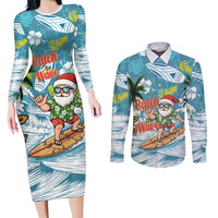 Hawaii Summer Christmas Couples Matching Long Sleeve Bodycon Dress and Long Sleeve Button Shirt Surfing Santa Shaka Catch The Wave LT14 Teal - Polynesian Pride