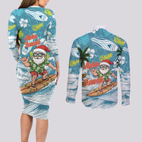 Hawaii Summer Christmas Couples Matching Long Sleeve Bodycon Dress and Long Sleeve Button Shirt Surfing Santa Shaka Catch The Wave