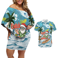 Hawaii Summer Christmas Couples Matching Off Shoulder Short Dress and Hawaiian Shirt Surfing Santa Shaka Catch The Wave LT14 Teal - Polynesian Pride