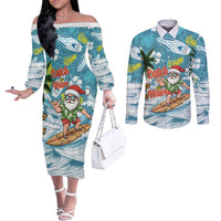 Hawaii Summer Christmas Couples Matching Off The Shoulder Long Sleeve Dress and Long Sleeve Button Shirt Surfing Santa Shaka Catch The Wave LT14 Teal - Polynesian Pride