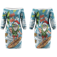 Hawaii Summer Christmas Couples Matching Off The Shoulder Long Sleeve Dress and Long Sleeve Button Shirt Surfing Santa Shaka Catch The Wave LT14 - Polynesian Pride