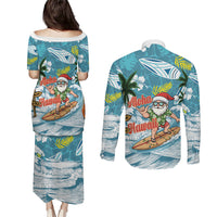 Hawaii Summer Christmas Couples Matching Puletasi and Long Sleeve Button Shirt Surfing Santa Shaka Catch The Wave