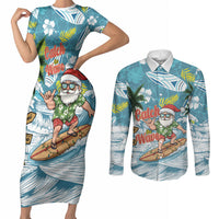 Hawaii Summer Christmas Couples Matching Short Sleeve Bodycon Dress and Long Sleeve Button Shirt Surfing Santa Shaka Catch The Wave LT14 Teal - Polynesian Pride
