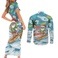 Hawaii Summer Christmas Couples Matching Short Sleeve Bodycon Dress and Long Sleeve Button Shirt Surfing Santa Shaka Catch The Wave LT14 - Polynesian Pride