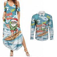 Hawaii Summer Christmas Couples Matching Summer Maxi Dress and Long Sleeve Button Shirt Surfing Santa Shaka Catch The Wave LT14 Teal - Polynesian Pride