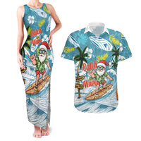 Hawaii Summer Christmas Couples Matching Tank Maxi Dress and Hawaiian Shirt Surfing Santa Shaka Catch The Wave LT14 Teal - Polynesian Pride