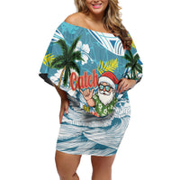 Hawaii Summer Christmas Family Matching Off Shoulder Short Dress and Hawaiian Shirt Surfing Santa Shaka Catch The Wave LT14 Mom's Dress Teal - Polynesian Pride