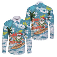 Hawaii Summer Christmas Family Matching Puletasi and Hawaiian Shirt Surfing Santa Shaka Catch The Wave LT14 Dad's Shirt - Long Sleeve Teal - Polynesian Pride
