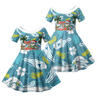 Hawaii Summer Christmas Family Matching Puletasi and Hawaiian Shirt Surfing Santa Shaka Catch The Wave LT14 Daughter's Dress Teal - Polynesian Pride