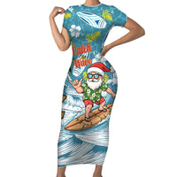 Hawaii Summer Christmas Family Matching Short Sleeve Bodycon Dress and Hawaiian Shirt Surfing Santa Shaka Catch The Wave LT14 Mom's Dress Teal - Polynesian Pride