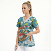 Hawaii Summer Christmas Scrub Top Surfing Santa Shaka Catch The Wave