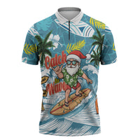 Hawaii Summer Christmas Zipper Polo Shirt Surfing Santa Shaka Catch The Wave LT14 Teal - Polynesian Pride
